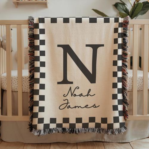 Personalized checkered name baby blanket custom name baby boy classic nursery decor name blanket baby shower gift