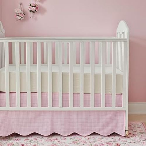 Brandream Scallop Edge Cotton Crib Skirt, Baby Boy Girl Gender Neutral Crib Skirt Toddler Bedskirt Farmhouse Chic Plaid Nursery Crib Bed Skirt, Gingham Check Pink