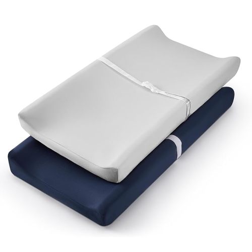TILLYOU Changing Pad Cover Set in Soft Jersey Material - Fits 32"/34''x16 Contoured Pad for Babies, Navy Blue & Lt Gray