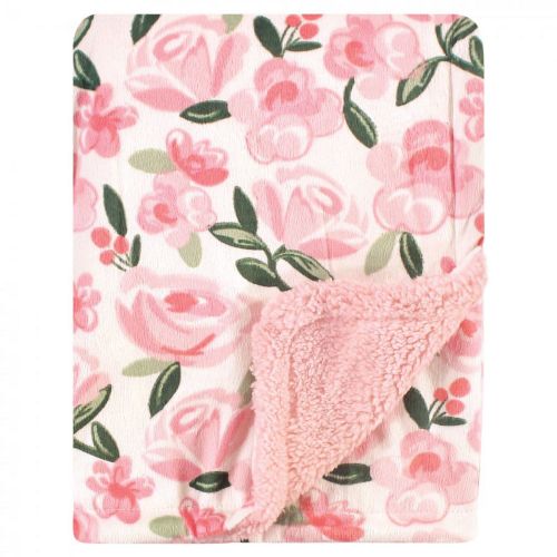 Hudson Baby Girls Green Floral Plush Blanket with Faux Shearling Back