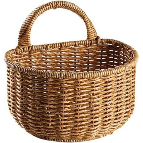 Hanging Woven Storage Basket - Small Decorative Wall Mount Flower Planter With Handle - Portable Fruit Vegetable and Sundries Storage