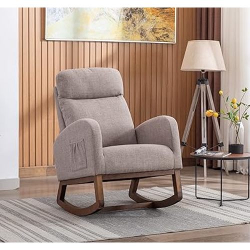 Antetek Modern Accent Rocking Chair, Upholstered Nursery Glider Rocker for Baby, Comfy Armchair with Side Pocket, Living Room Lounge Arm Chair, High Backrest with Headrest Shape Design (Grey)