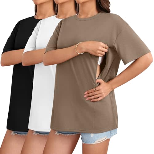 Sweetyweee 3 Pack Women's Oversize Nursing Breastfeeding Shirts Hidden Zipper Cotton Short Sleeve Loose Fit Maternity Tops