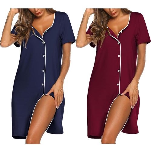 Ekouaer Nightgowns for Women 2 Pack Button Down Sleepshirt Short Sleeve Nightshirt Soft Sleepwear V Neck Pajama Dress