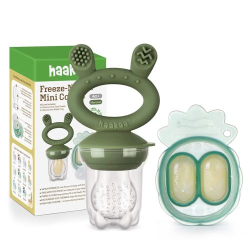 Haakaa Baby Fruit Food Feeder & Mini Freezer Nibble Tray Combo, Breastmilk Popsicle Molds for Baby Cooling Relief, BPA Free Silicone Feeder for Safe Infant Self Feeding, 4 Month+(Olive Green)