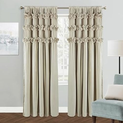 Camel Blackout Curtains with Handmade Ruffles, Butterfly Flower Embellishments for Thermal Insulated Room Darkening Drapes, 54"x84", Set of 2 Panels for Bedroom, Living Room (LQ-37)