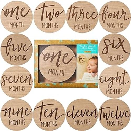 Kate & Milo Baby Monthly Milestone Marker Discs, Reversible Photo Props, Baby Growth and Pregnancy Growth Cards, 1-12 Months, Gender-Neutral Gift, Classic Cursive Script Wooden Discs