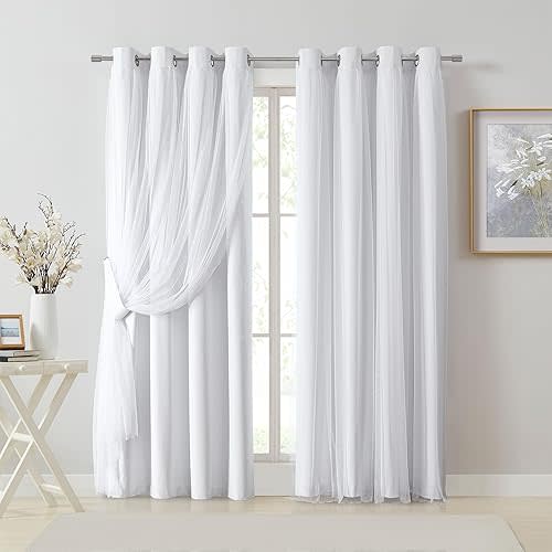 Bujasso White Full Blackout Curtain Panels with Sheer Overlay Mix and Match Double Layer Thermal Insulated Window Treatment Set for Living Room White Drapes with Tiebacks Grommet Top 54" Wx84 Lx2