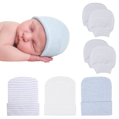 DRESHOW BQUBO Newborn Hospital Hat and Mittens Infant Baby Beanie Soft Cotton Cute Knot Nursery Cap for 0-6 Months Girls Boys
