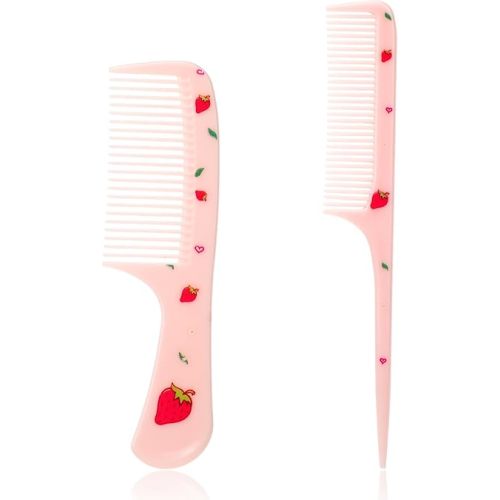 Cute Hair Comb Set, 2 Pcs Pink Strawberry Fruit Combs for Women Plastic Fine Tooth Rat Tail Combs Detangling Hair Comb for Women Girls All Hair Types Long Short Wet Dry Curly Straight Hair