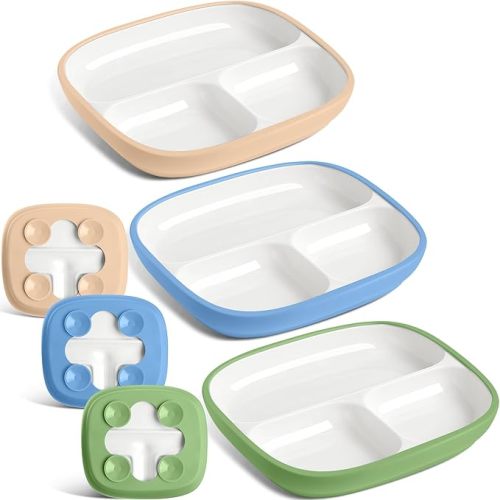 Domensi 3 Set Kids Porcelain Plates with Silicone Sleeves 8.2 Inch Divided Porcelain Plate Toddler White Suction Dishes for Baby Troubleless Eating Microwave Dishwasher Safe (Vivid)
