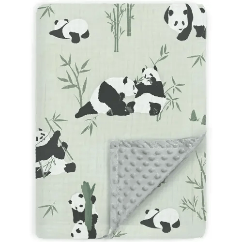 BOPRIO Muslin Baby Blankets for Boys Girls, Breathable Muslin Cotton with 3D Dotted Fleece Backing, Super Soft Swaddle Blankets with Cute Panda Design, Nursery Bedding Newborn Gift 30 x 40 Inch