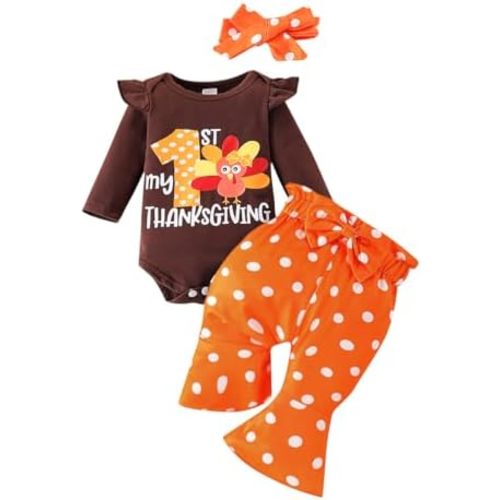 Axumity My First Thanksgiving Outfits Newborn Baby Girl Romper+Polka Dot Pant +Headband Girl Thanksgiving Set