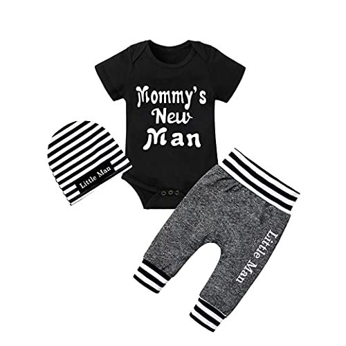 Fommy Newborn Baby Boy Clothes New to The Crew Letter Print Romper+ Pants+Hat 3PCS Outfit