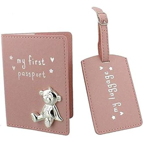 My First Passport & Luggage Tag Set with metal teddy icon Pink