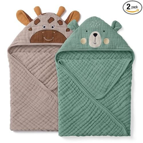 Blissful Diary Muslin Baby Hooded Towel 2 Pack, Soft & Absorbent Bath Towel for Infant, Toddler, Unisex, Baby Gift, Newborn Essentials, Bear & Giraffe