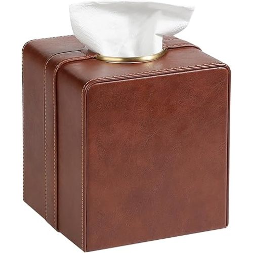 Luxury Square Tissue Box Cover, PU Leather Tissue Box Holder with Magnetic Closure and Gold Decorative Grommets for Bathroom Bedroom, Decorative Elegant Cube Tissue Holder (Brown)