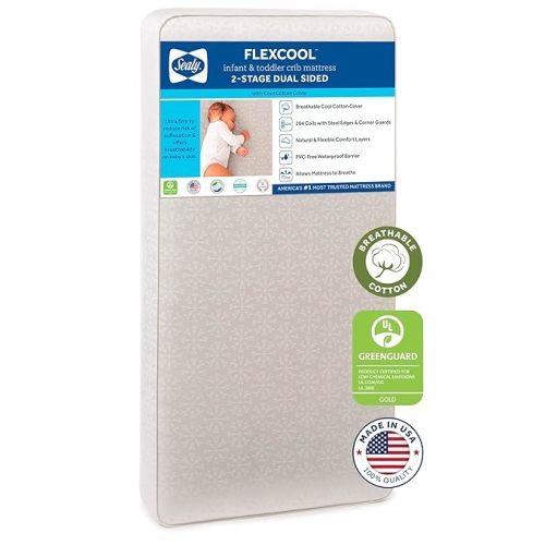 Sealy Baby Flex Cool Breathable Hypoallergenic 2-Stage Dual Firm Waterproof Baby Crib Mattress & Toddler Bed Mattress, Cotton Cover, 204 Premium Coils, Air Quality Certified, Made in USA, 52"x28"