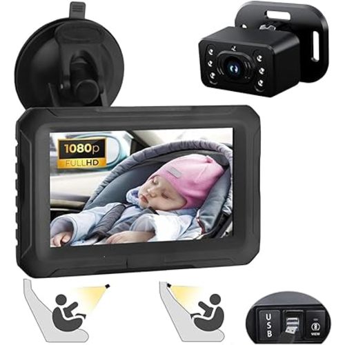 eSynic Baby Car Camera with 4.3 Inch Screen Backseat Baby Monitor 1080P HD Night Vision USB-Powered 360° Rotating Lens 150° Wide Angle 8 LEDs for Baby Car Seat Monitoring Driving Safety
