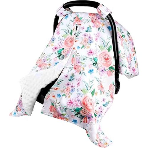 Baby Car Seat Cover, Peekaboo Opening Spring Car Seat Canopy for Baby Girls Boys, Mom Nursing Breastfeeding Covers, Blanket for Infant, Pink Watercolor Flower