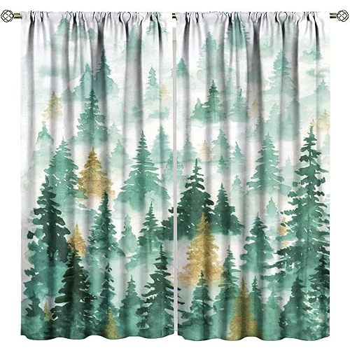 Nature Forest Blackout Curtains for Girls Boy Home Decor, Misty Sage Green Fog Woodland Pine Tree Rod Pocket Thermal Insulated Drapes Darkening Window Curtain for Bedroom Living Room 42"W X 63"L