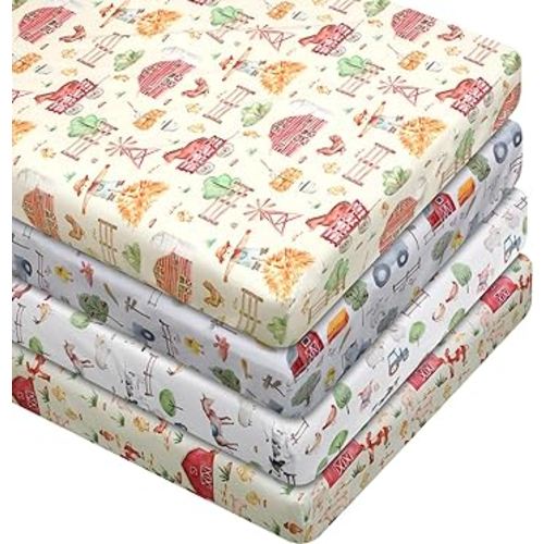 4 Pcs Farm Animals Crib Sheet Set Newborn Bedding Nursery Baby Sheets for Girl Boys Baby Gifts for Standard Crib and Toddler Mattresses, 52 x 28 x 8 Inches