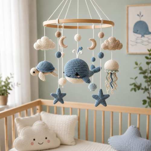 Crochet Ocean Baby Mobile, Bluewhale Crib Mobile, Sea Turtle Jellyfish Nursery Decor, Handmade Baby Shower Gift