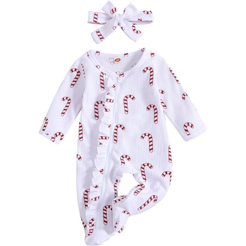 Newborn Baby Girls Christmas Outfit Infant White Footie Romper