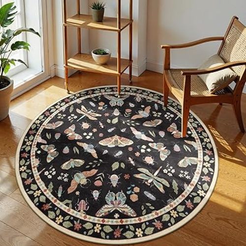 Lahome Insect Washable Round Rugs, Non-Slip Soft Round Rug 4ft Ultra-Thin, Small Boho Circle Carpet for Entryway Kitchen Bedroom Nursery Bathroom, Black