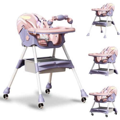 MINGYI 4-in-1 Baby High Chair for Infants & Toddlers (0-4 Years) - Adjustable, with Wheels,5-point safety belt, Graffiti pink