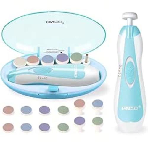 Fansidi Upgraded Baby Nail Trimmer Electric | Easy & Safe Baby Nail File, Precise 4-Stage Gentle Nail Buffer + Nail Clippers for Newborn to Toddler, with 18 Grinding Heads & Soft LED Light, Blue