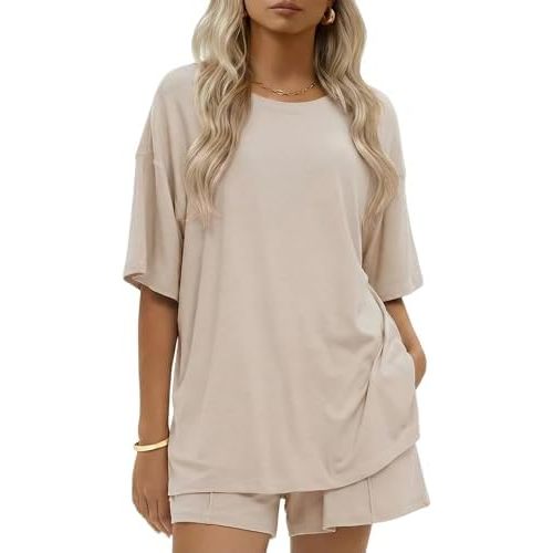 Ekouaer Womens Cotton 2 Pieces Short Sets Summer Short Sleeve Outfits Casual Matching Lounge Set with Pockets