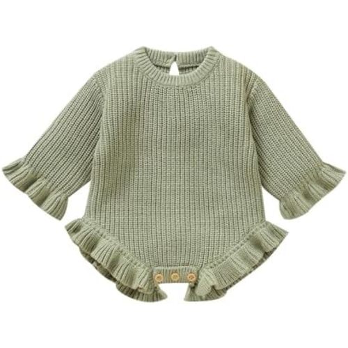 Opewod Baby Girl Knit Sweater Romper Newborn Ruffle Long Sleeve Sweater Crew Neck Pullove Warm Fall Winter Clothes Outfit