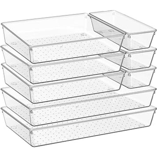 Criusia 8 Pack Drawer Organizer for Kitchen Gadgets, Large Clear Plastic Drawer Divider for Kitchen Accessories, Bathroom Organizers and Storage, Home Essentials for Makeup and Vanity Accessories