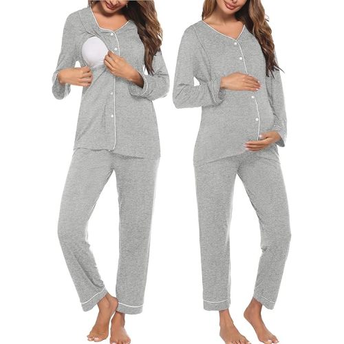 Ekouaer Maternity Pajama Set Button Down Nursing Pajamas Long Sleeve Breastfeeding Loungewear with Adjustable Pants