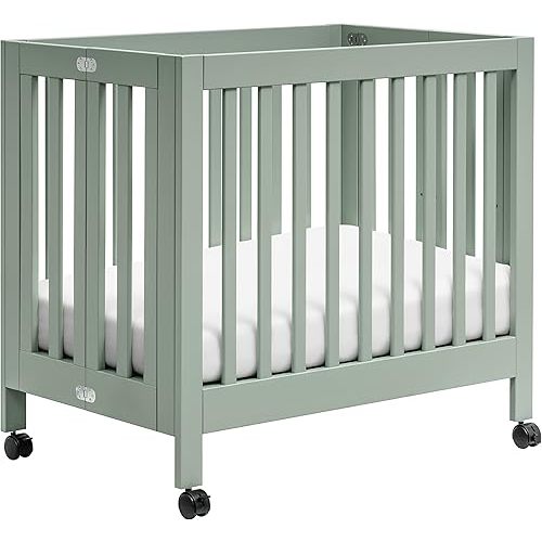 Babyletto Origami Mini Portable Crib Folding with Wheels in Light Sage, 2 Adjustable Mattress Positions, Greenguard Gold Certified