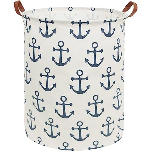 HIYAGON Canvas Storage Basket,Large Laundry Hamper with Handles-Collapsible Storage Bin for Kids Room,Nersury Hamper,Toy Storage 19.7×15.7 (Blue Anchor)