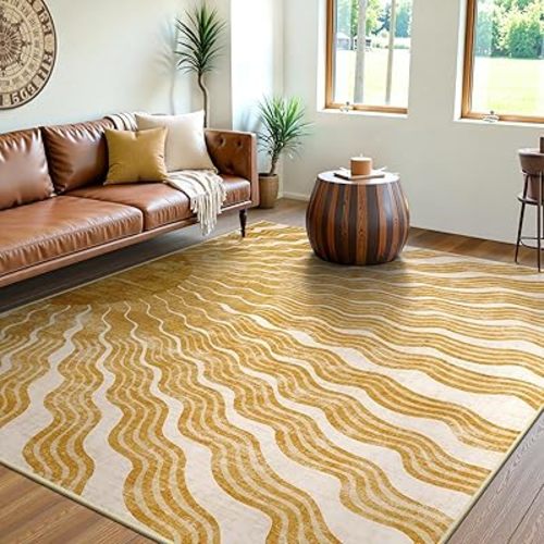 Boho Washable Rugs 5x7, Sun Print Soft Nursery Rug for Bedroom Ultra-Thin Kids Rug Non Slip, Stain Resistant Classroom Rug Carpet for Living Room Office(5'x 7',Gold/Multi)