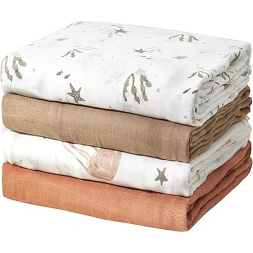 Momcozy Muslin Swaddle Blankets, Ultra Soft Neutral Swaddle Blanket, Breathable Large 47'' x 47'' Baby Infant Newborn Boys Girls Swaddling Receiving Blanket Wraps, Ocean World