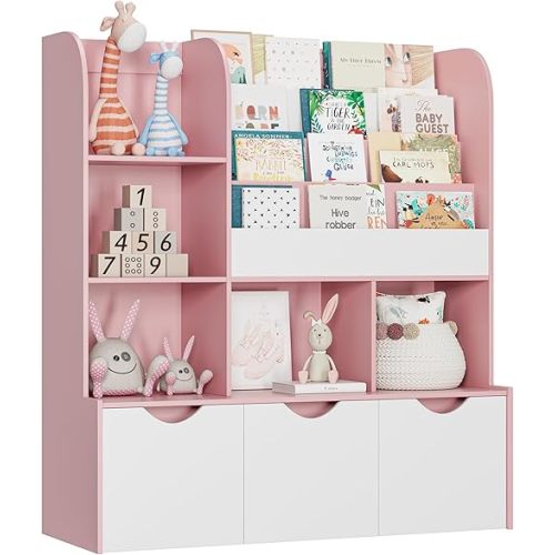 FOTOSOK 47'' Kids Bookcase and Bookshelf, Multifunctional Bookcase with 5 Storage Cubbies and 3 Movable Drawers, Bookcase Display Stand, Toy Storage Organizer for Bedroom, Playroom, Hallway,Pink
