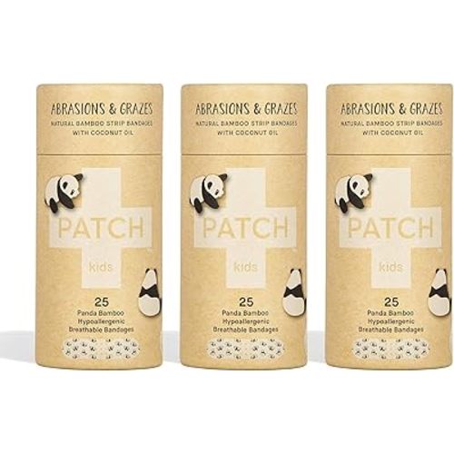 PATCH Eco-Friendly Bamboo Adhesive Sensitive Skin Bandages with Coconut Oil, Hypoallergenic Bandages for Sensitive Skin, Cute Kids Panda Print, Biodegradable, Plastic & Latex Free, 25 Count - 3pk