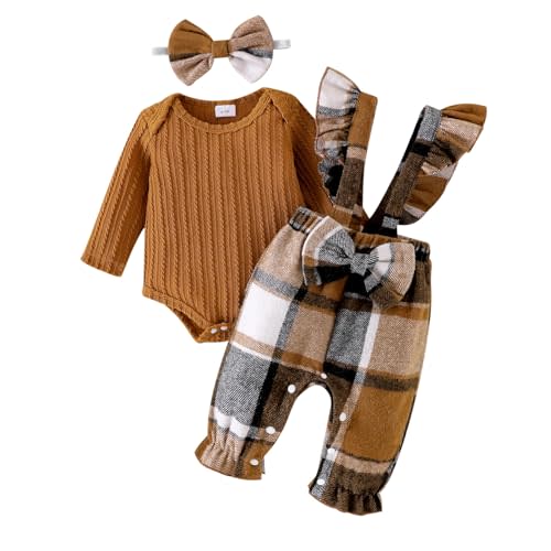 Baby Girl Clothes Newborn Suspender Overalls Long Sleeve Ribbed Romper Fall Winter Outfits Bow Headband 0-18 Months
