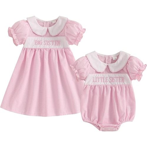 Big Little Sister Matching Outfits Summer Short Puff Sleeve Peter Pan Collar Bow Embroidery Plaid Romper/Dress