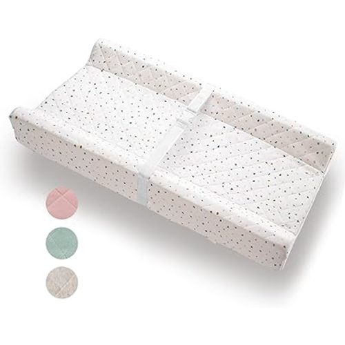 Organic Cotton Contoured Baby Changing Pad w/Waterproof Foam Mattress, Includes Soft, Removable & Washable Cover, Safety Strap, Non-Slip Bottom, Topper for Standard Size Infant Diaper Table & Dresser