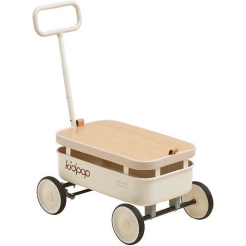 PULA-Wild 3-in-1 Kids' Pull-Along Wagon Toddlers Push Walker for 2.5-8, Removable Wooden Cover and Adjustable Handlebar, Birthday Gifts Max Weight 33 lbs (White)