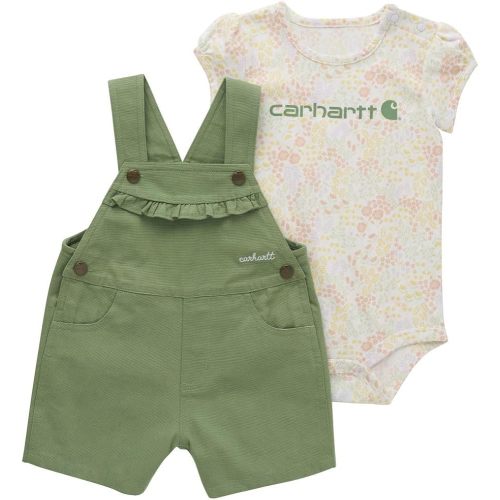 Carhartt Kid's CG9887 Short-Sleeve Bodysuit and Canvas Shortall Set, 2 piece Newborn Infant Baby Girls -3 Month - Loden Frost