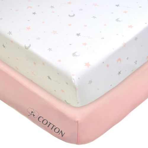 American Baby Company 2 Pack Fitted Crib Sheets 28" x 52", Soft Breathable Neutral 100% Cotton Jersey Sheet, Pink Stars and Blush, for Boys and Girls, Fits Crib and Toddler Bed mattresses