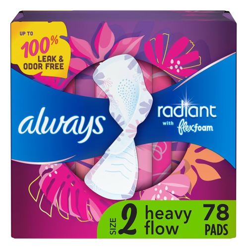 Always Radiant Feminine Pads for Women, Flexfoam Pads with Wings, Size 2, Heavy Absorbency, Lightly Scented, 78 Count (3 Packs of 26)