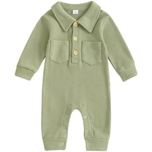 Lesimsam Newborn Baby Boy Waffle Knit Collared Romper Jumpsuit Solid Button Long Sleeve Bodysuit One-Piece Fall Winter Outfit