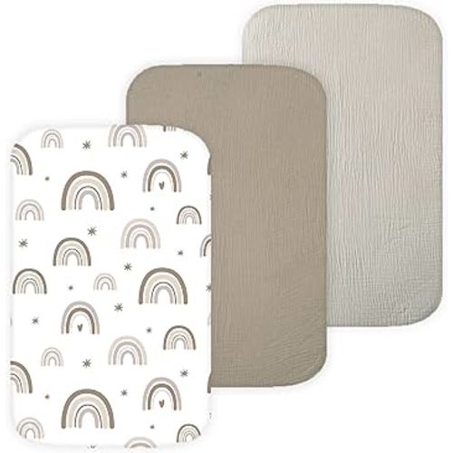 Muslin Bassinet Sheets Compatible with Chicco LullaGo, Dream On Me Skylar, Cloud Baby, Yacul Bedside Sleeper, 3 Pack, 20x32 in, Ultra Soft, Breathable, Snug Fit, Unisex Boys and Girls, Green Rainbow